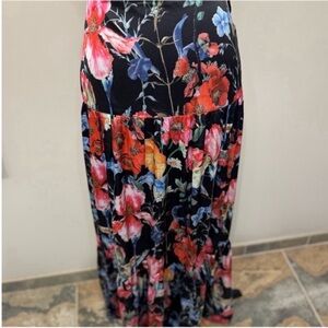 AKIRA Women’s Black Floral Tiered Maxi Skirt with Red and Blue Blooms Size S